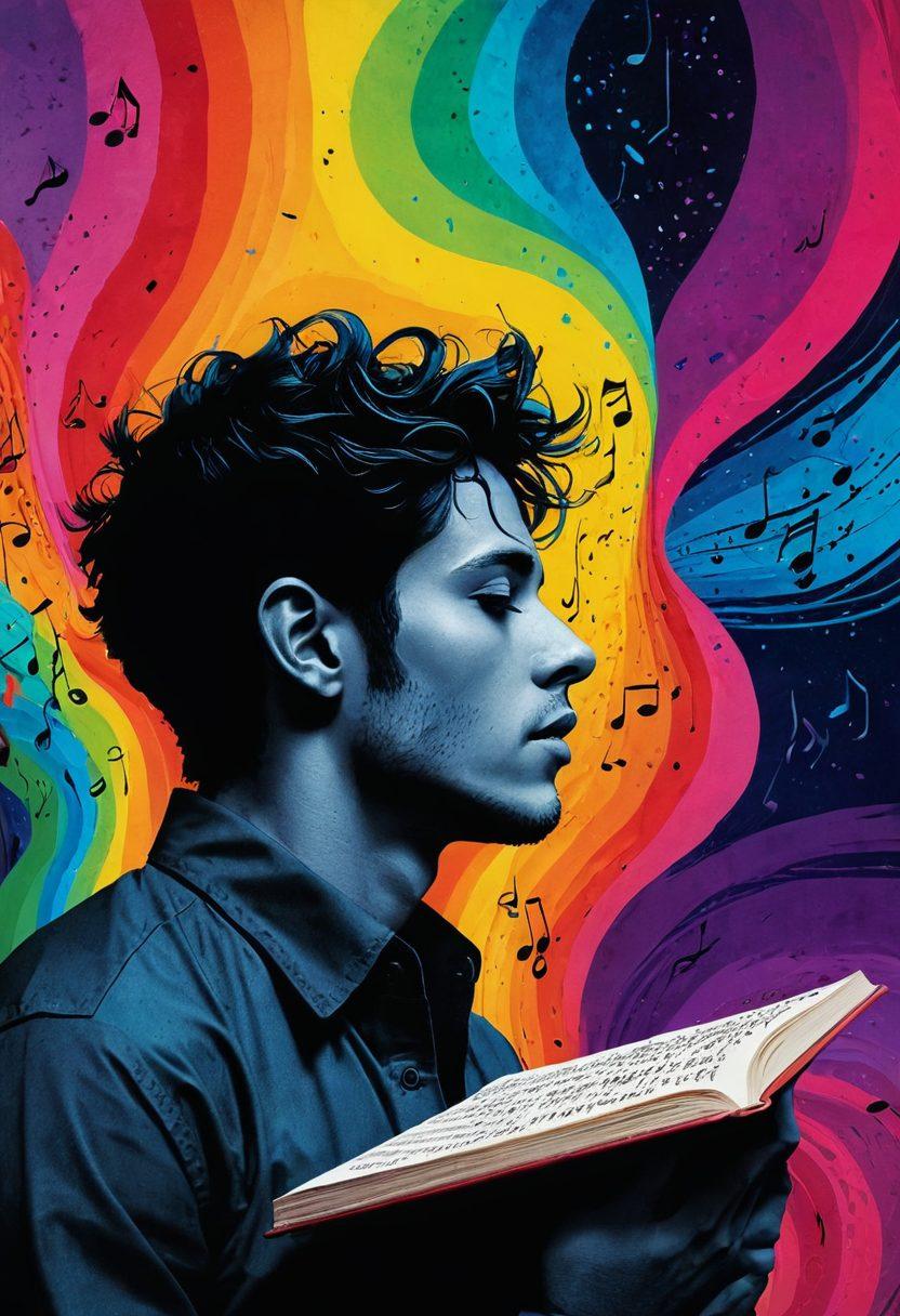 A close-up of a notebook filled with handwritten song lyrics, layered with musical notes floating around. In the background, a silhouette of an artist in deep thought, surrounded by vibrant colors symbolizing emotions like joy, sadness, and nostalgia. The scene is bathed in warm light, evoking creativity and inspiration. surreal art style. vibrant colors. textured background.