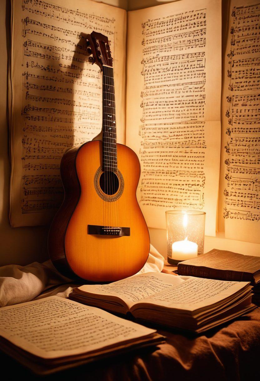 A mysterious, dimly lit room filled with scattered sheets of handwritten lyrics and vintage music sheets, illuminated by a soft, warm glow. In the foreground, a pair of spectacles rests on an open book, symbolizing deep exploration. Silhouettes of a musician playing a guitar can be seen in the background, hinting at creativity and passion. Subtly integrate cryptic symbols and scales into the decor, suggesting hidden meanings. Super-realistic. Warm tones. Artistic ambiance.