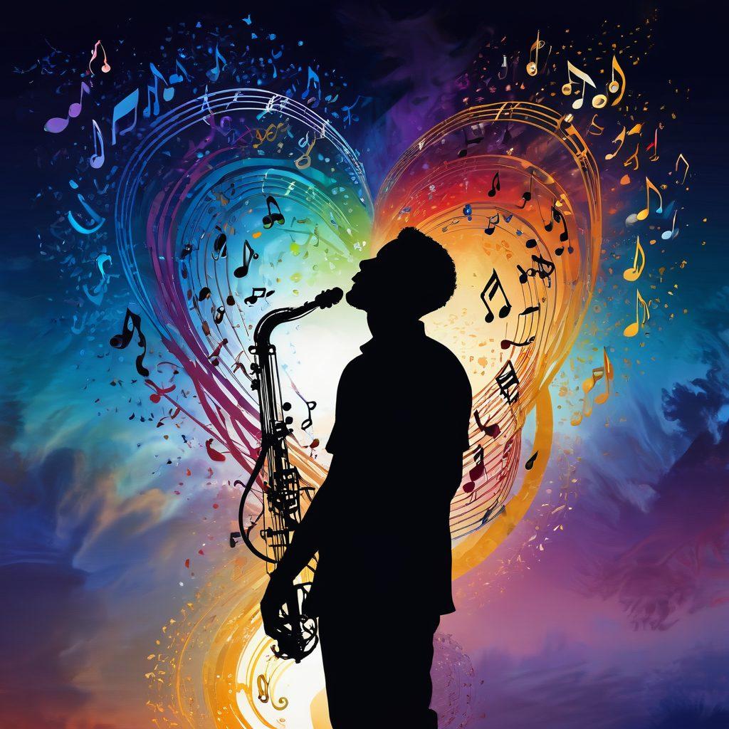 A captivating scene featuring a silhouetted musician surrounded by vibrant musical notes swirling around him, each note morphing into symbolic imagery that represents deep emotions and themes found in beloved lyrics. The background is a dreamy gradient of colors transitioning from dark blues to warm golds, symbolizing the depth of interpretation and meaning in music. The overall composition should evoke a sense of mystery and introspection. super-realistic. vibrant colors. dreamy background.